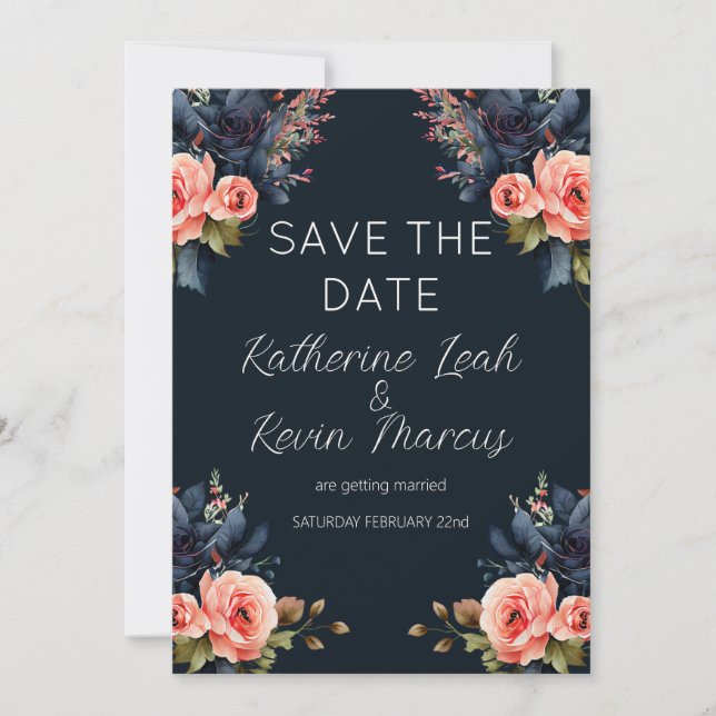 Navy Blue Dusty Rose Floral Wedding Save the Date Invitation (Front)