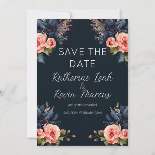 Navy Blue Dusty Rose Floral Wedding Save the Date Invitation