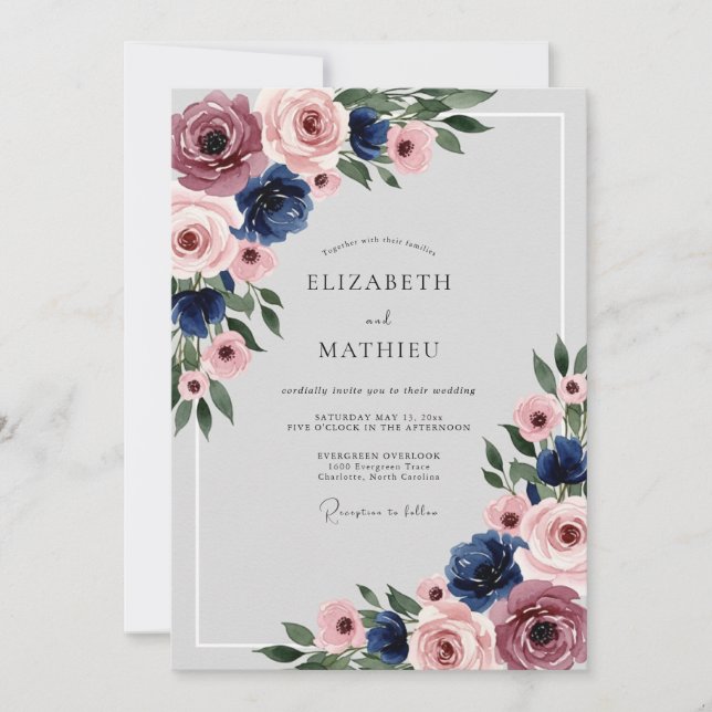 Navy Blue Dusty Rose Polished Floral Wedding Invitation (Front)