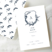 Navy Blue Dusty Rose vintage floral monogram crest