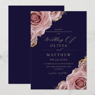 Navy Blue & Dusty Roses Elegant Modern Wedding Invitation