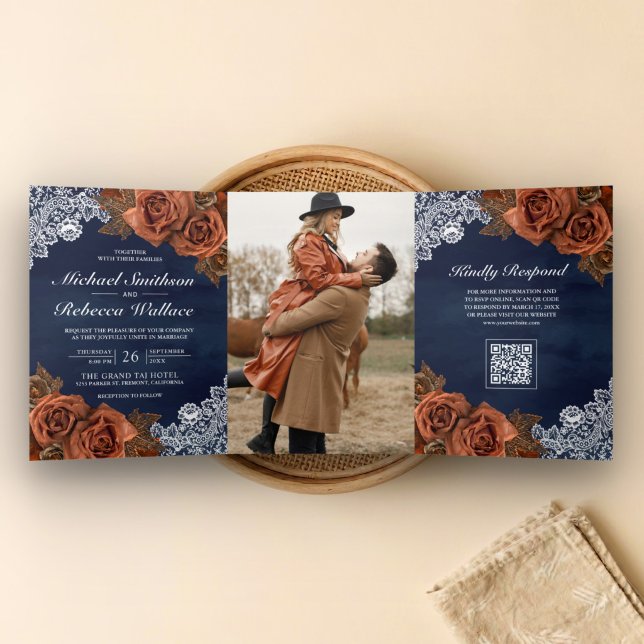 Navy Blue Dusty Terracotta Rose QR Code Wedding Tri-Fold Invitation (Creator Uploaded)