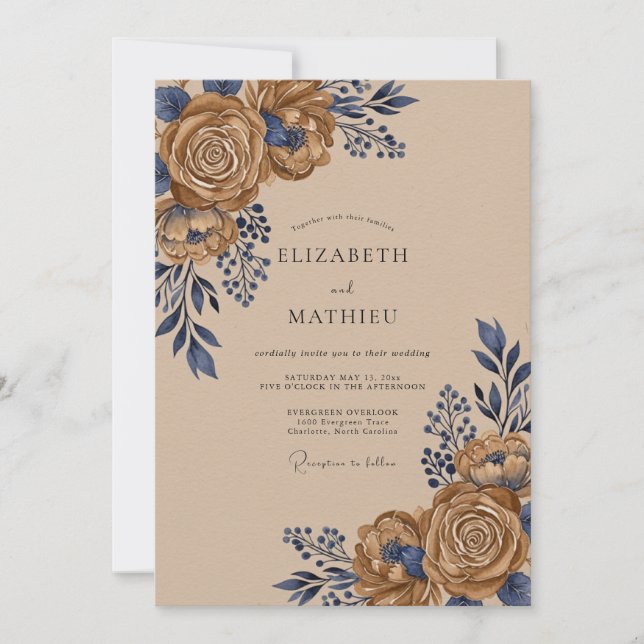 Navy Blue Earthy Autumnal Wedding Invitation (Front)