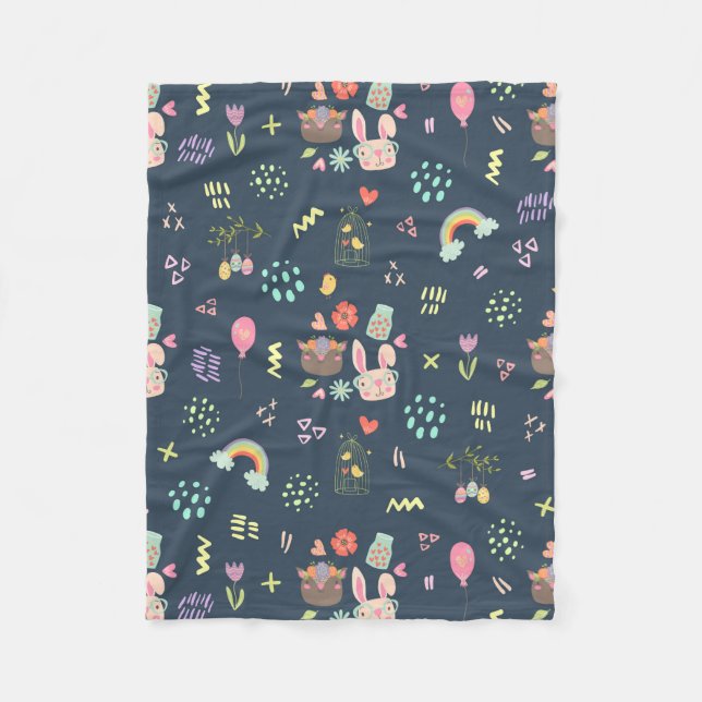 Navy Blue Easter Bunny Fleece Blanket (Front)