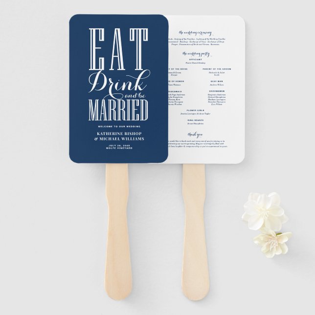 Navy Blue Eat Drink and Be Married Wedding Program Hand Fan (Front and Back)