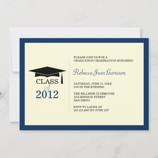 Navy blue ecru cap tassel graduation announcement (Front)