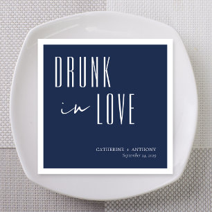 Navy Blue Editorial Drunk in Love Custom Names Napkin