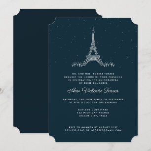 Navy Blue Eiffel Tower Under the Stars Quinceañera Invitation