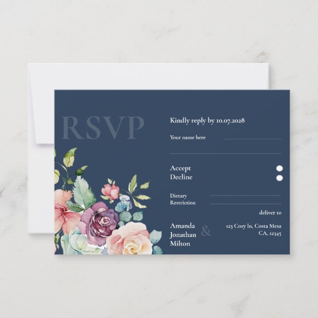 Navy Blue Elegance Watercolor Floral Wedding  RSVP Card (Front)