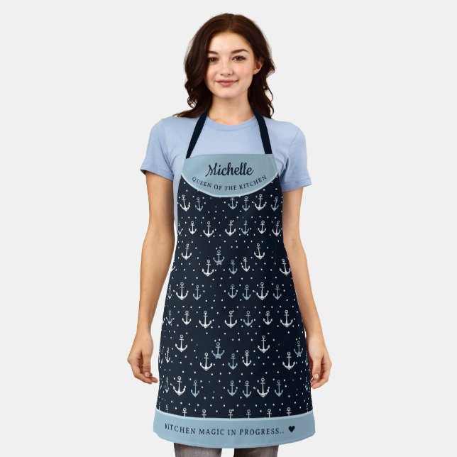 Navy blue elegant anchor pattern personalised apron (Worn)