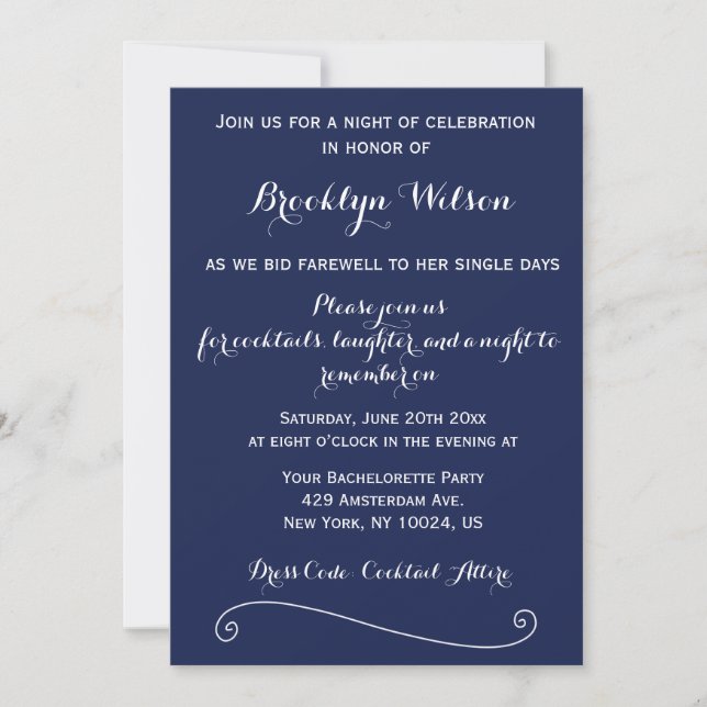 Navy Blue Elegant Bachelorette Party Invitation (Front)