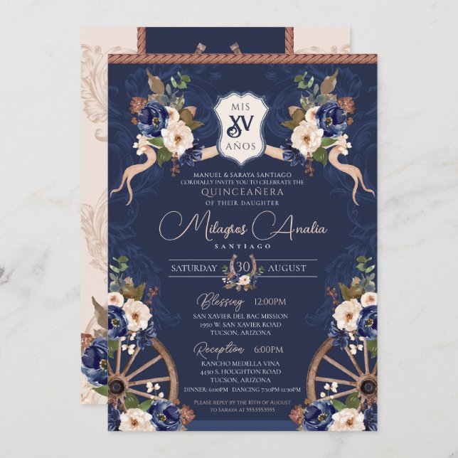 Navy Blue Elegant Baroque Charra Quinceanera Invitation (Front/Back)