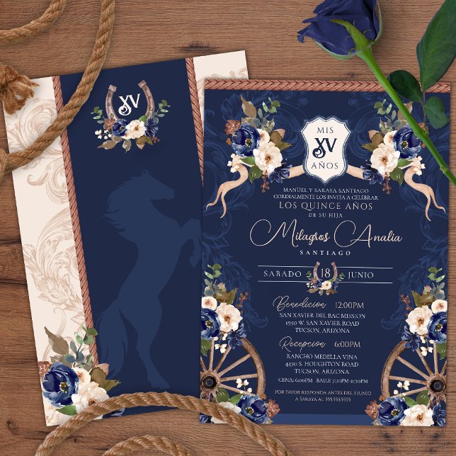Navy Blue Elegant Baroque Charro Quinceanera Invitation (Creator Uploaded)