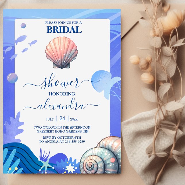 Navy Blue Elegant Beach Seashell Bridal Shower Invitation (Creator Uploaded)