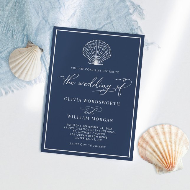 Navy Blue Elegant Beach Seashell Wedding Invitation (Creator Uploaded)