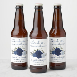 Navy & Blue Elegant Boho Roses Wedding Thank You Beer Bottle Label