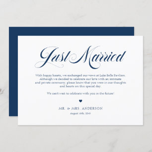 Navy Blue Elegant Bold Calligraphy Just Married Announcement