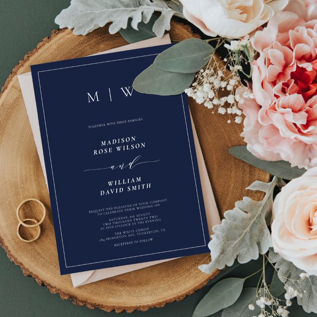 Navy Blue Elegant Border & Monogram Wedding Invitation (Creator Uploaded)