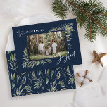 Navy Blue elegant botanical photo simple Christmas Holiday Card<br><div class="desc">Natural navy blue elegant botanical photo simple joyful script Christmas card design.</div>