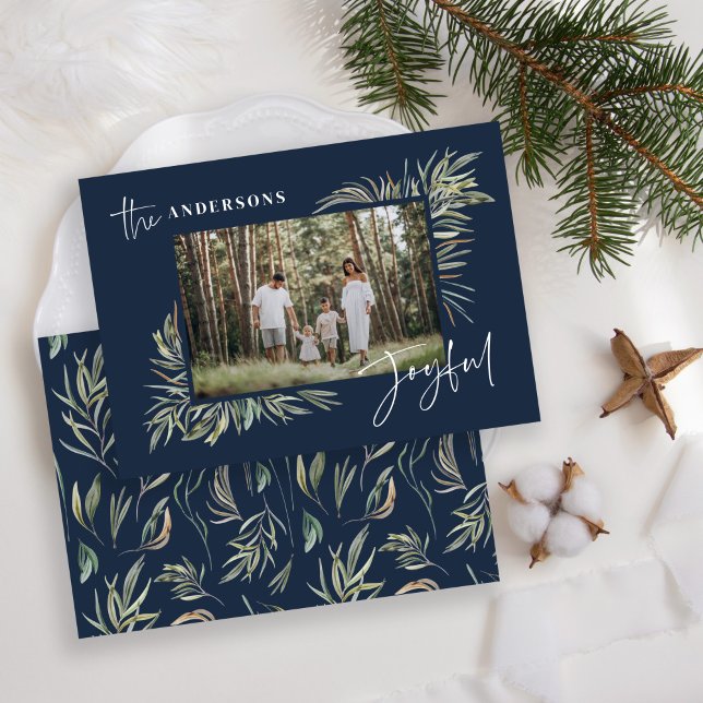 Navy Blue elegant botanical photo simple Christmas Holiday Card (Creator Uploaded)