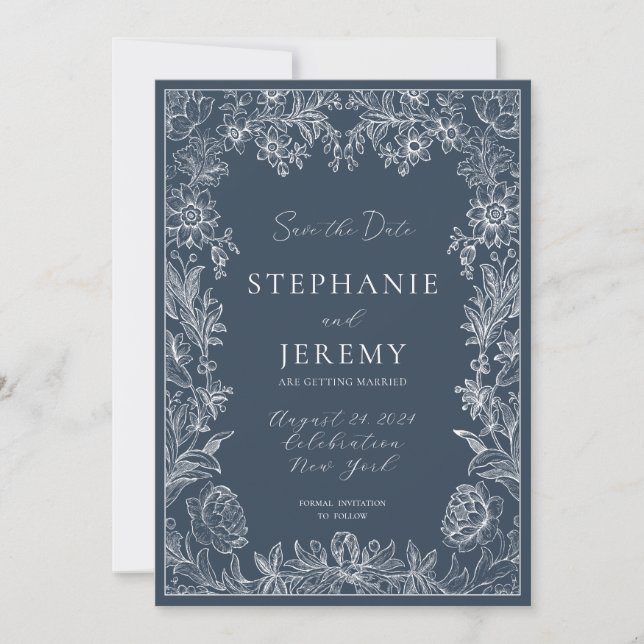Navy Blue Elegant Botanical Save the Date Invitation (Front)