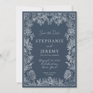 Navy Blue Elegant Botanical Save the Date Invitation