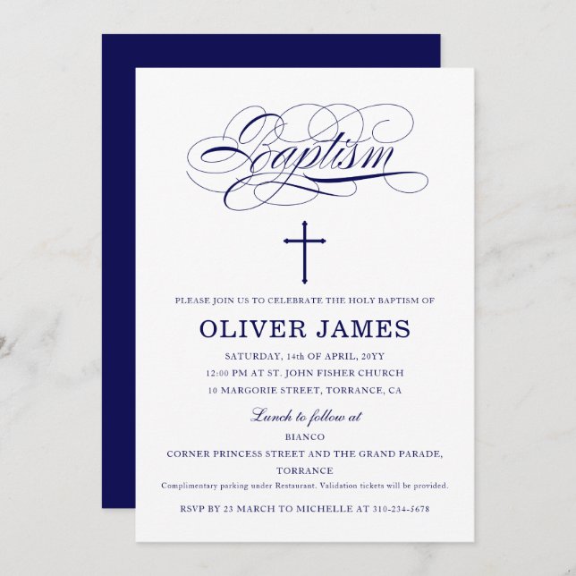 Navy Blue Elegant Calligraphy Baptism Invitation (Front/Back)