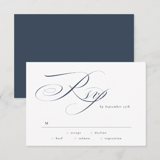 Navy Blue Elegant Calligraphy Black Tie Wedding RSVP Card (Front/Back)