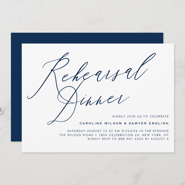 Navy Blue Elegant Calligraphy Rehearsal Dinner Invitation (Front/Back)