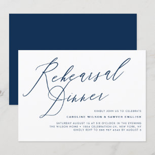 Navy Blue Elegant Calligraphy Rehearsal Dinner Invitation