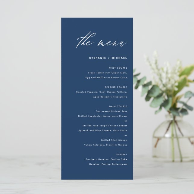 Navy Blue Elegant Calligraphy Wedding Menu (Standing Front)