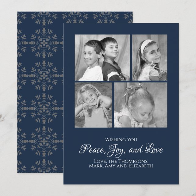 Navy Blue Elegant Christmas Photo Card Multi Photo (Front/Back)