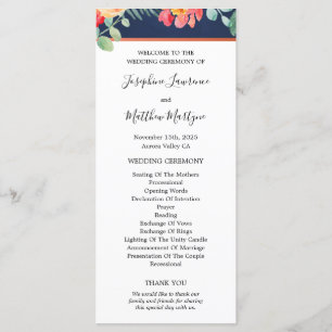 Navy Blue Elegant Coral Floral Wedding Programme