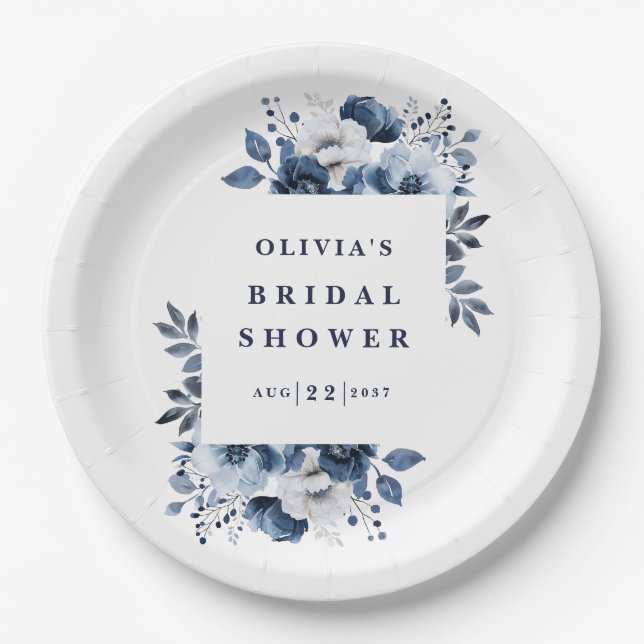 Navy Blue Elegant Country Floral Bridal Shower Paper Plate (Front)