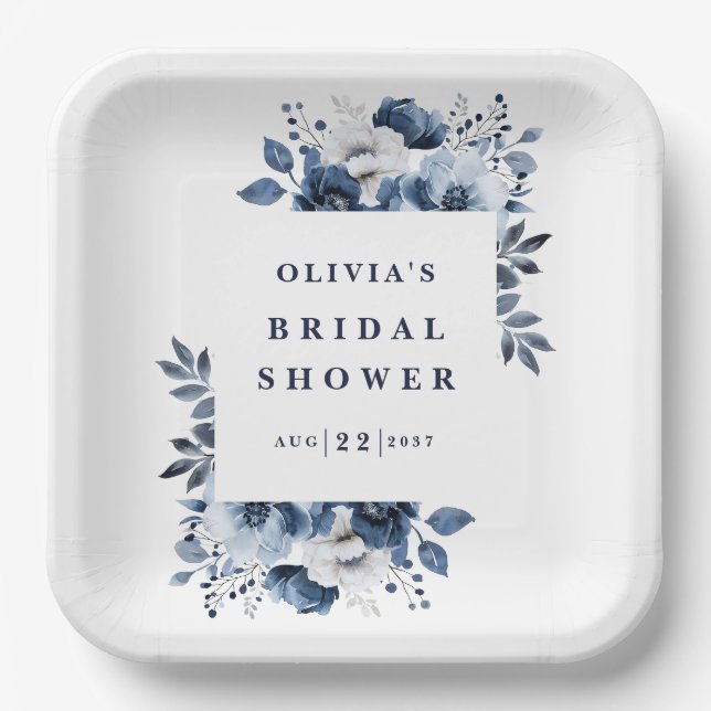 Navy Blue Elegant Country Floral Bridal Shower Paper Plate (Front)