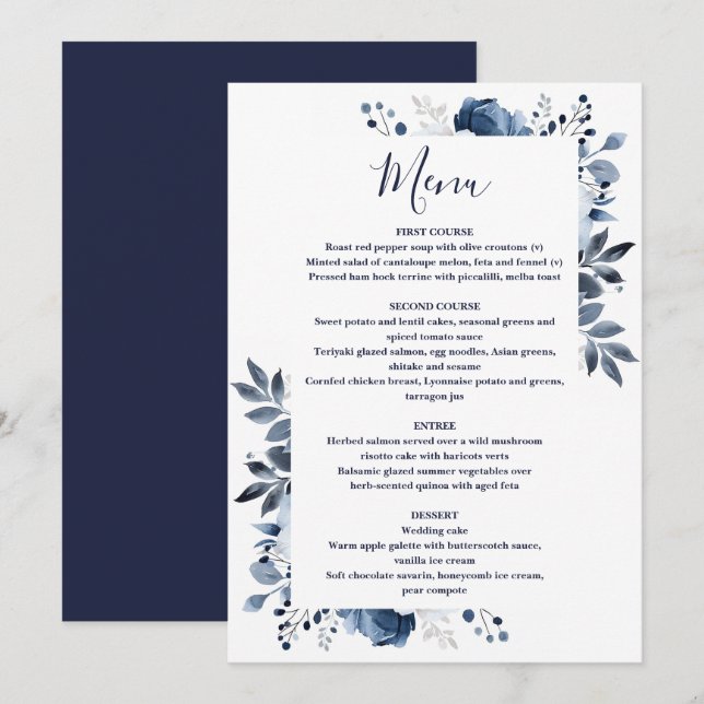Navy Blue Elegant Country Floral Wedding Menu (Front/Back)