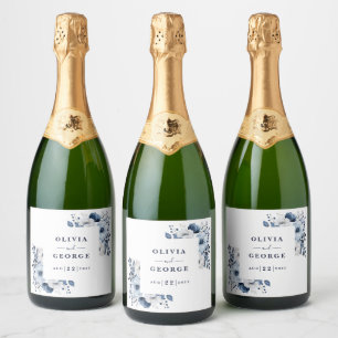 Navy Blue Elegant Country Floral Wedding  Sparkling Wine Label