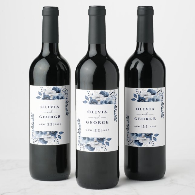 Navy Blue Elegant Country Floral Wedding  Wine Label (Bottles)