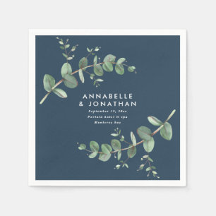 Navy blue elegant eucalyptus foliage wedding napkin