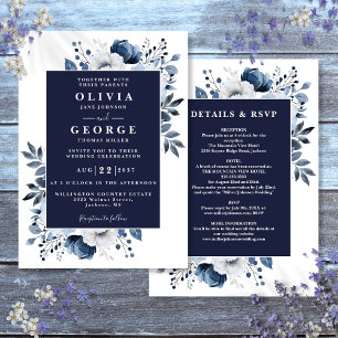 Navy Blue Elegant Floral All In One Wedding Invitation