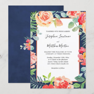 Navy Blue Elegant Floral Blooms Wedding Invitation