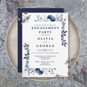 Navy Blue Elegant Floral Engagement Party Invitation