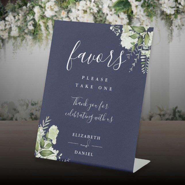 Navy Blue Elegant Floral Greenery Favors  Pedestal Sign (Navy Blue Elegant Floral Greenery Favors Pedestal Sign)
