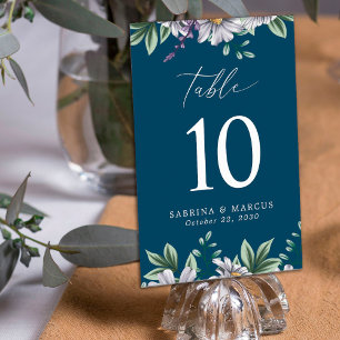 Navy Blue Elegant Floral Personalised Wedding Table Number