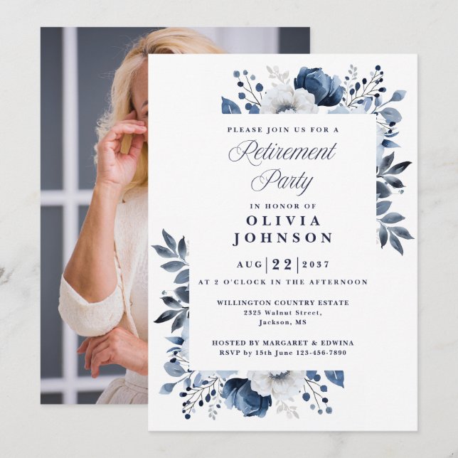 Navy Blue Elegant Floral Retirement Party Photo Invitation (Front/Back)