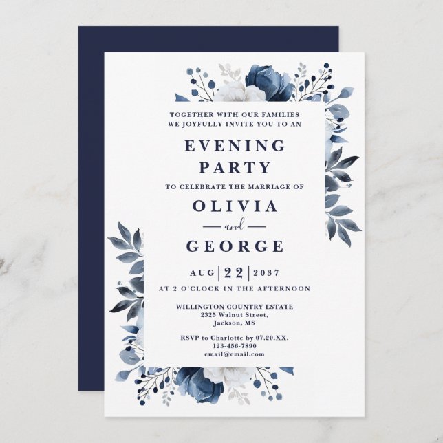 Navy Blue Elegant Floral Wedding Evening Party Invitation (Front/Back)