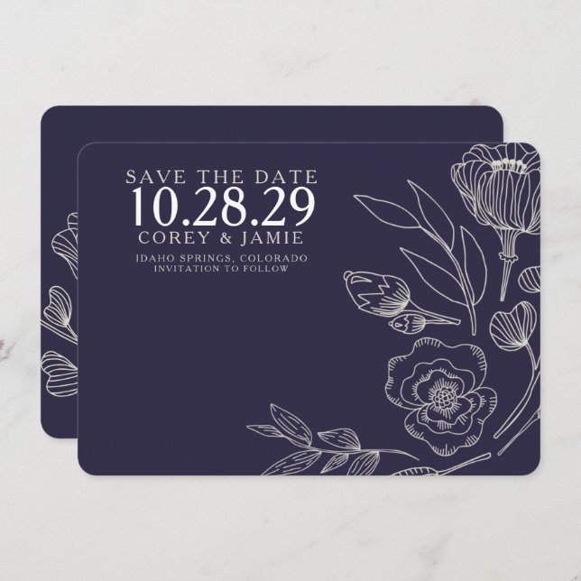 Navy Blue Elegant Floral Wedding Save The Date (Front/Back)