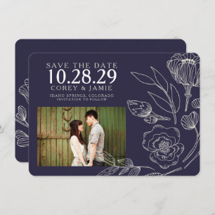 Navy Blue Elegant Floral Wedding Save The Date