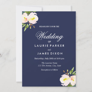 Navy Blue Elegant Floral Yellow Wedding Invitation