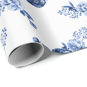 Navy Blue Elegant Flowers Wrapping Paper